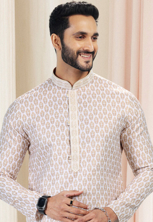 Digital Printed Cotton Kurta in Cream
