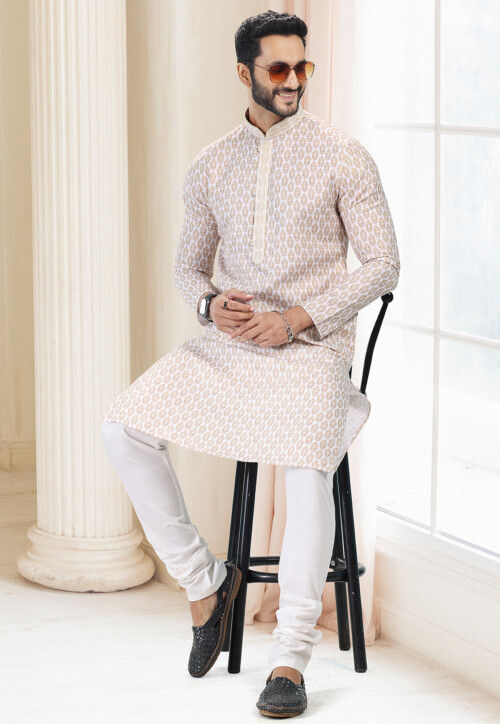 Digital Printed Cotton Kurta in Cream