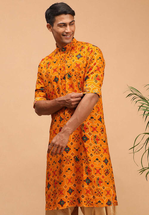 Digital Printed Cotton Kurta in Mustard