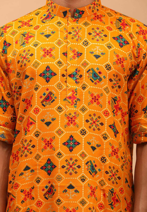 Digital Printed Cotton Kurta in Mustard