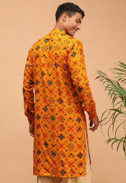 Digital Printed Cotton Kurta in Mustard