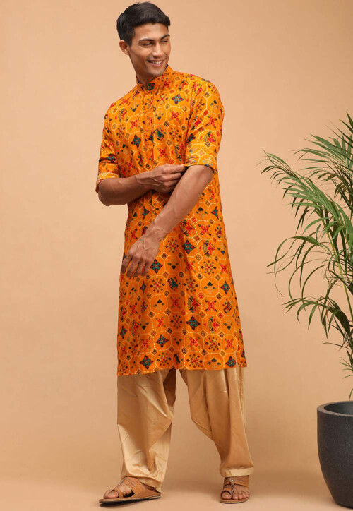 Digital Printed Cotton Kurta in Mustard