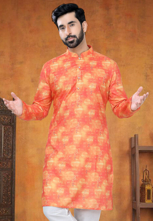 Digital Printed Cotton Kurta in Orange