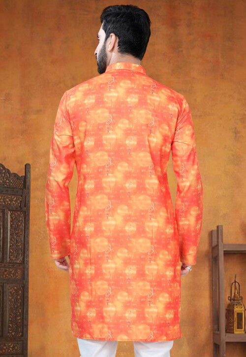 Digital Printed Cotton Kurta in Orange