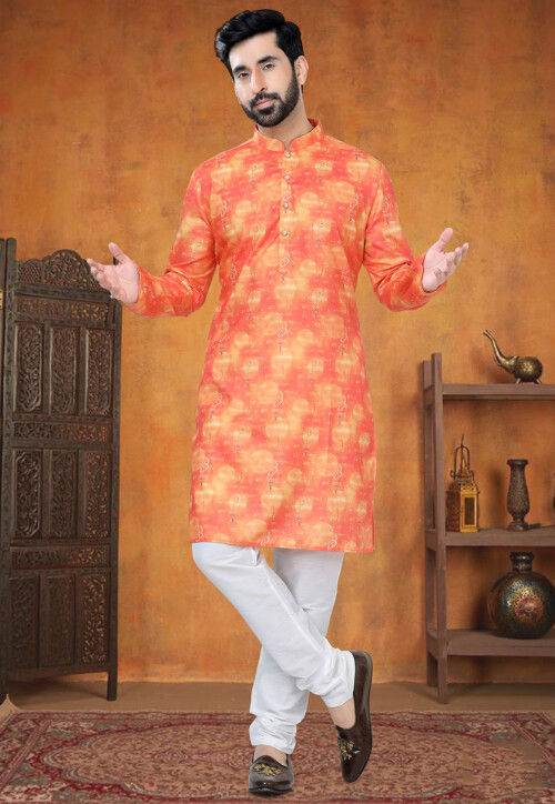 Digital Printed Cotton Kurta in Orange
