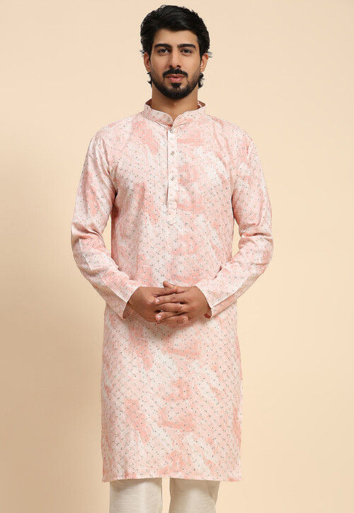 Digital Printed Cotton Kurta in Peach
