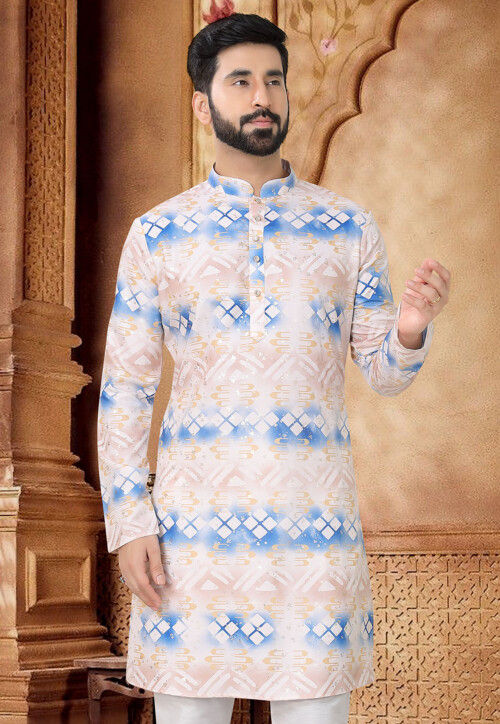 Digital Printed Cotton Kurta in Peach