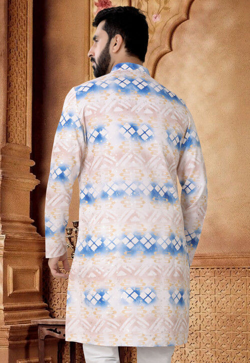 Digital Printed Cotton Kurta in Peach