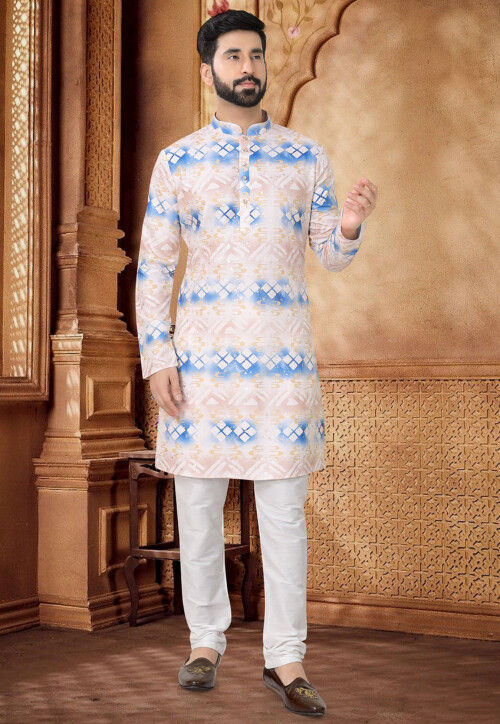 Digital Printed Cotton Kurta in Peach