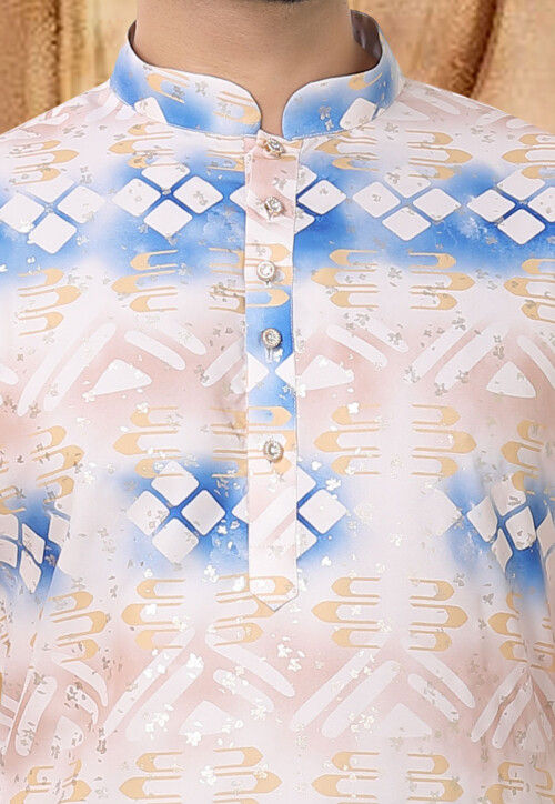 Digital Printed Cotton Kurta in Peach