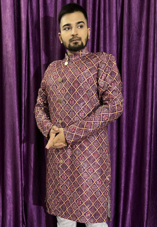 Digital Printed Cotton Kurta in Purple