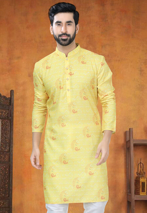 Digital Printed Cotton Kurta in Yellow