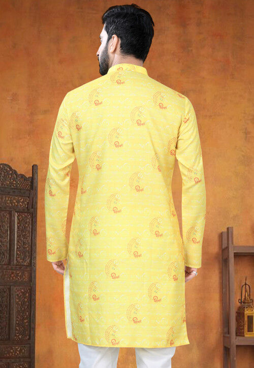 Digital Printed Cotton Kurta in Yellow