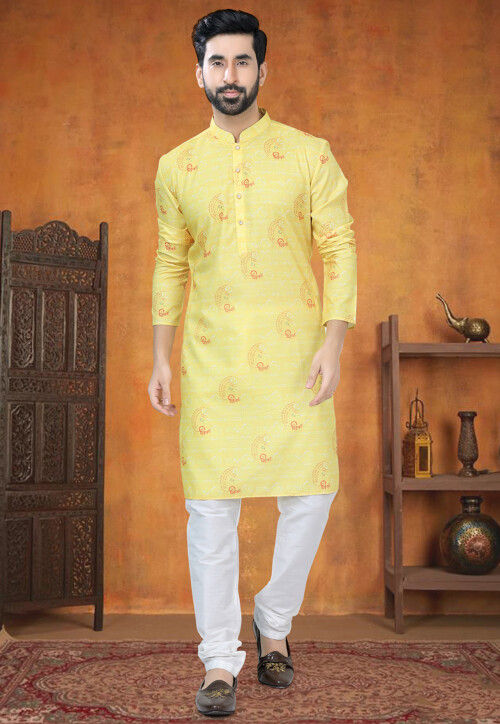 Digital Printed Cotton Kurta in Yellow