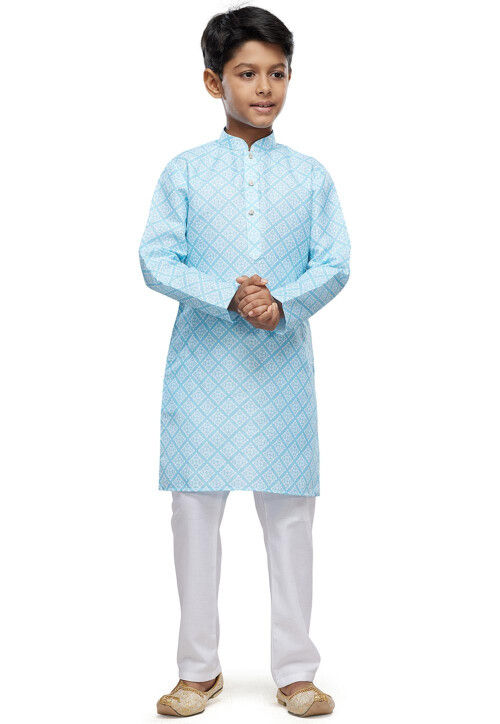 Digital Printed Cotton Kurta Pyjama Set in Sky Blue