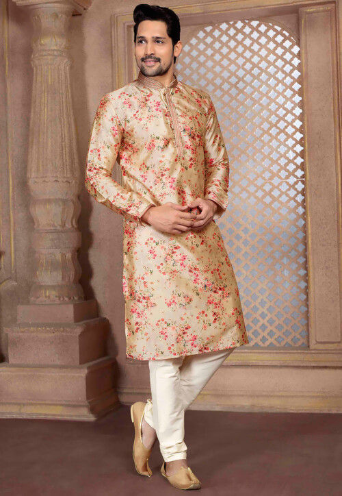 Digital Printed Cotton Kurta Set in Beige