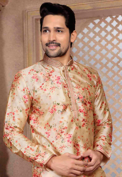 Digital Printed Cotton Kurta Set in Beige