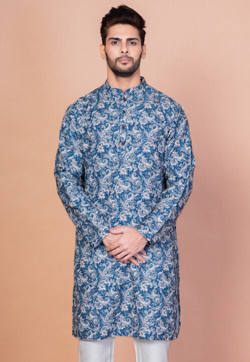 Digital Printed Cotton Kurta in Blue