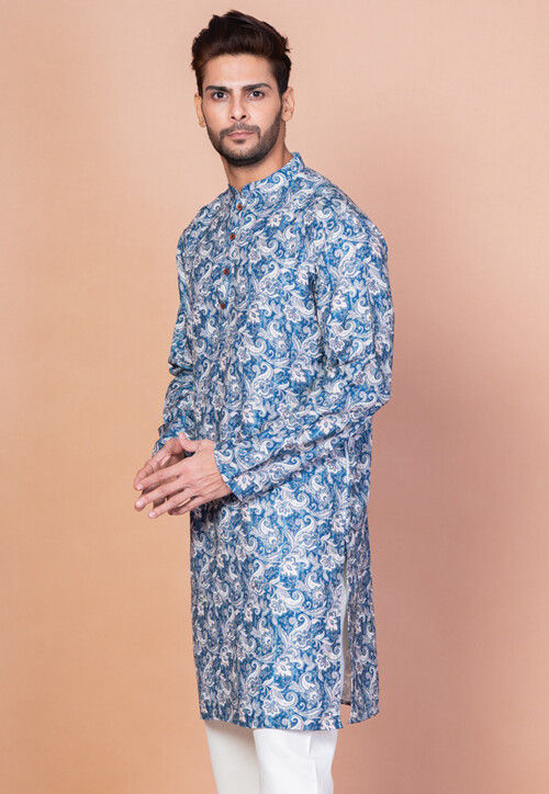 Digital Printed Cotton Kurta in Blue