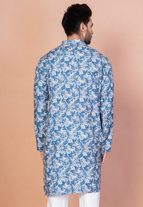 Digital Printed Cotton Kurta in Blue
