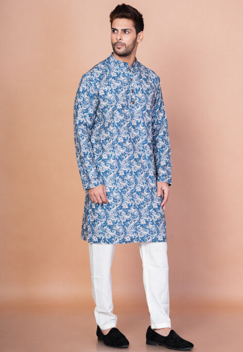 Digital Printed Cotton Kurta in Blue