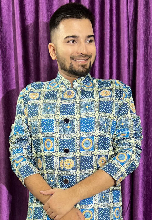 Digital Printed Cotton Kurta Set in Blue