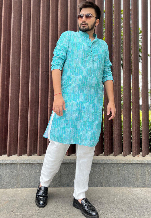 Digital Printed Cotton Kurta Set in Blue