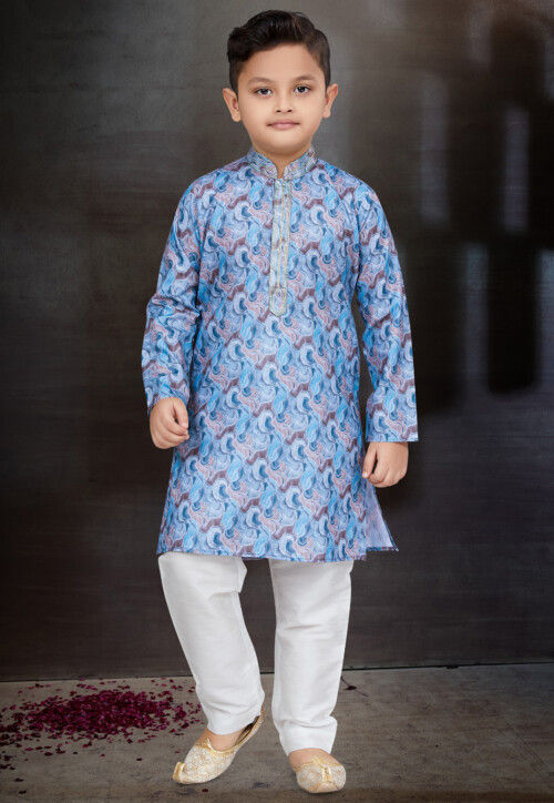 Digital Printed Cotton Kurta Set in Blue