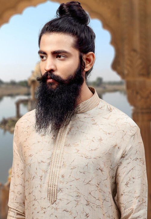 Digital Printed Cotton Kurta Set in Cream