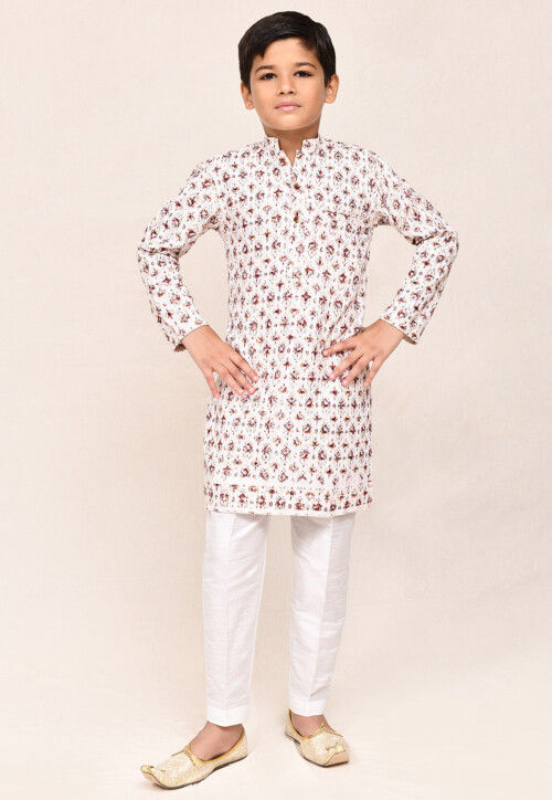 Digital Printed Cotton Kurta Set in Cream