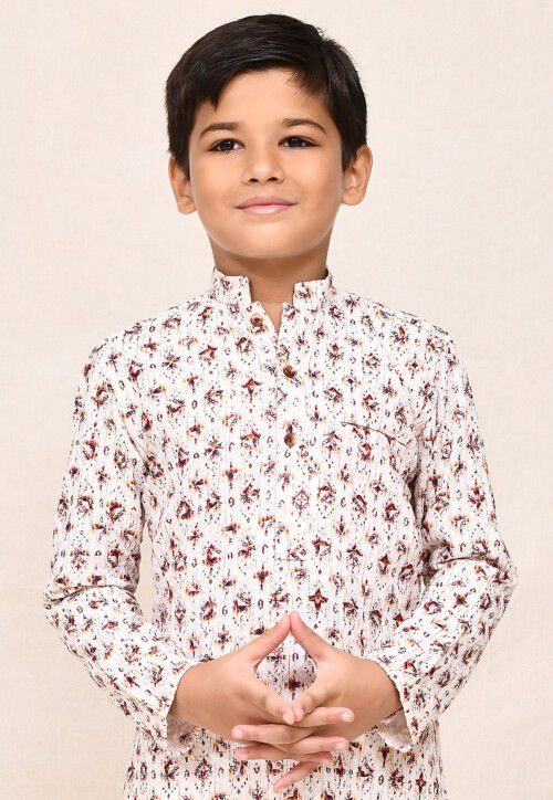 Digital Printed Cotton Kurta Set in Cream
