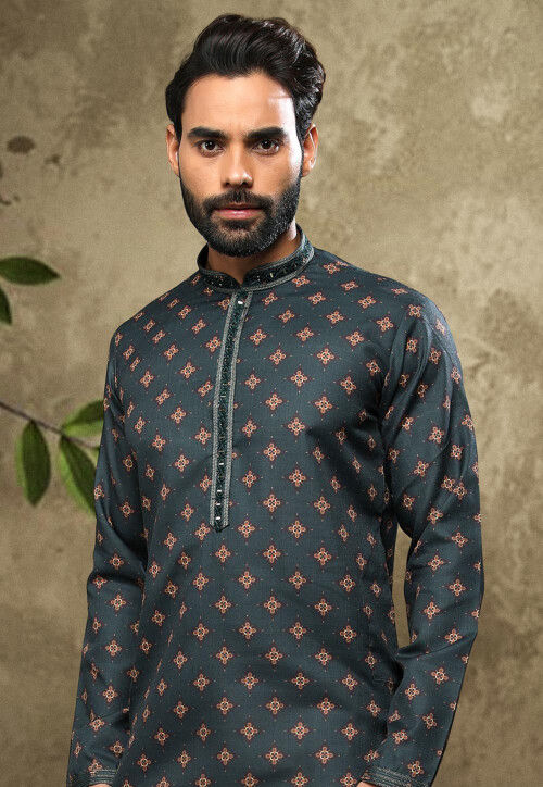 Digital Printed Cotton Kurta in Green