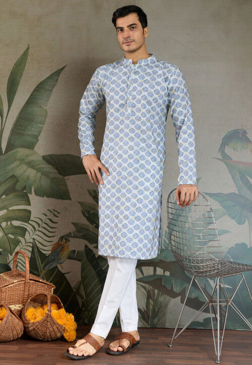 Digital Printed Cotton Kurta Set in Light Blue