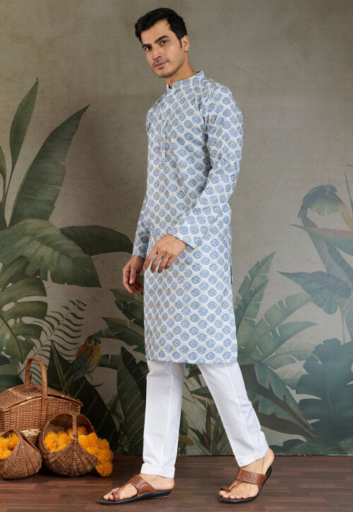 Digital Printed Cotton Kurta Set in Light Blue