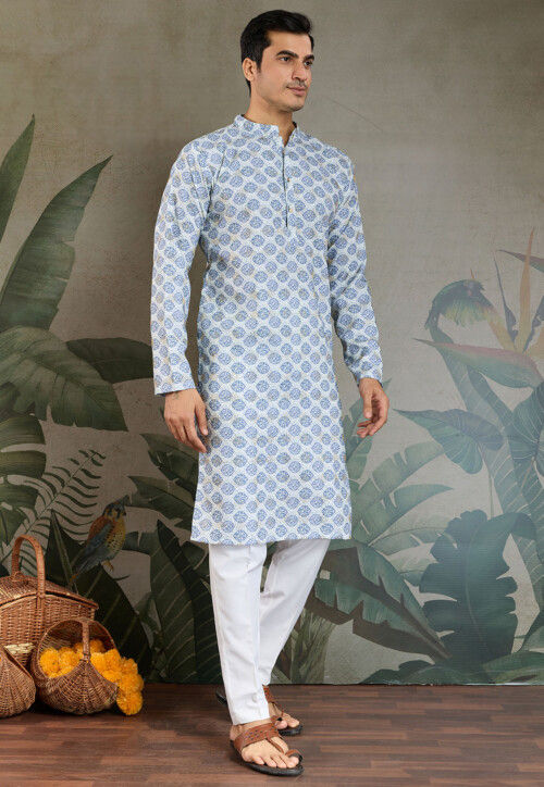 Digital Printed Cotton Kurta Set in Light Blue