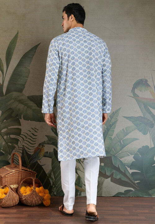 Digital Printed Cotton Kurta Set in Light Blue