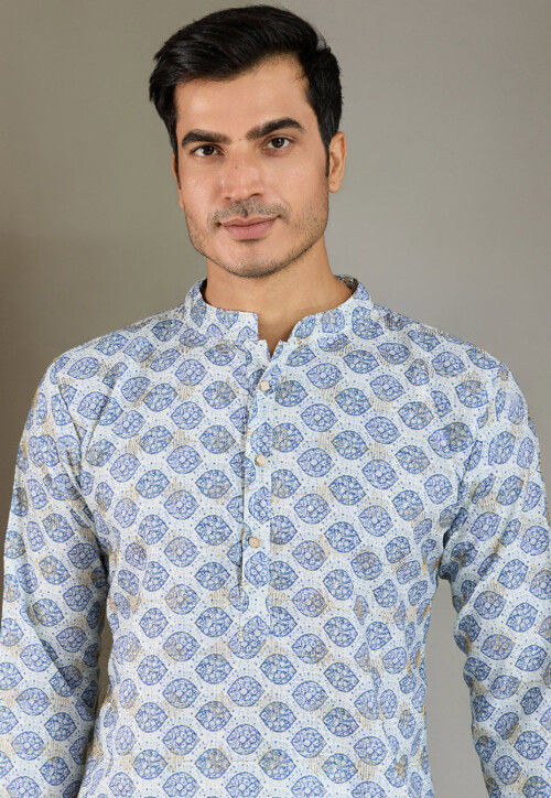 Digital Printed Cotton Kurta Set in Light Blue