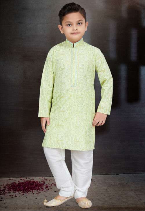 Digital Printed Cotton Kurta Set in Light Green