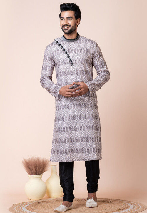 Digital Printed Cotton Kurta Set in Off White and Grey