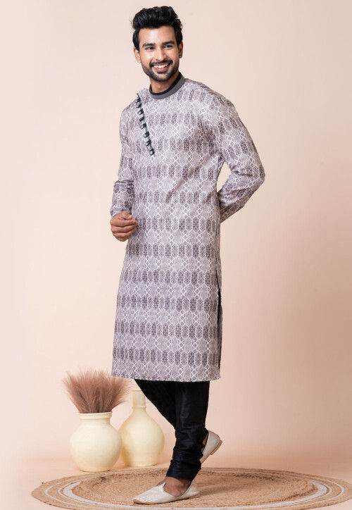 Digital Printed Cotton Kurta Set in Off White and Grey