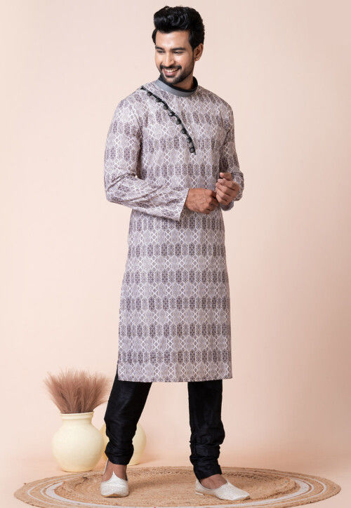 Digital Printed Cotton Kurta Set in Off White and Grey