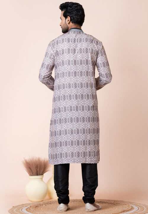 Digital Printed Cotton Kurta Set in Off White and Grey