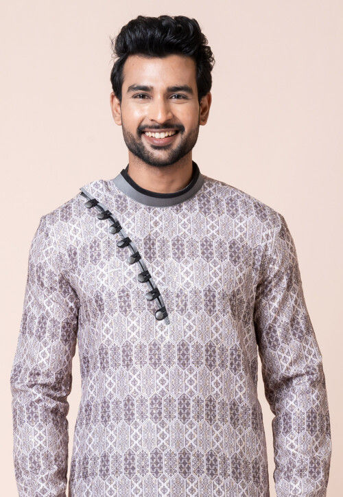 Digital Printed Cotton Kurta Set in Off White and Grey