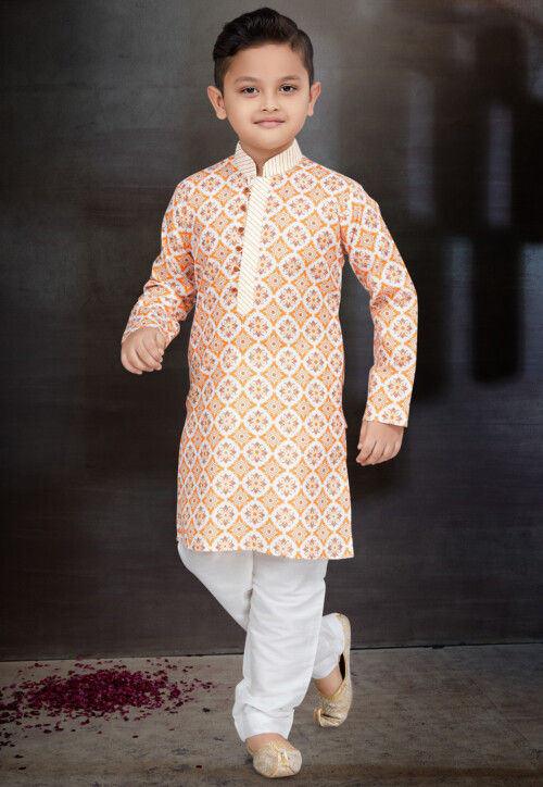 Digital Printed Cotton Kurta Set in Orange and Off White