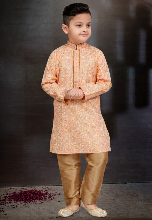 Digital Printed Cotton Kurta Set in Peach