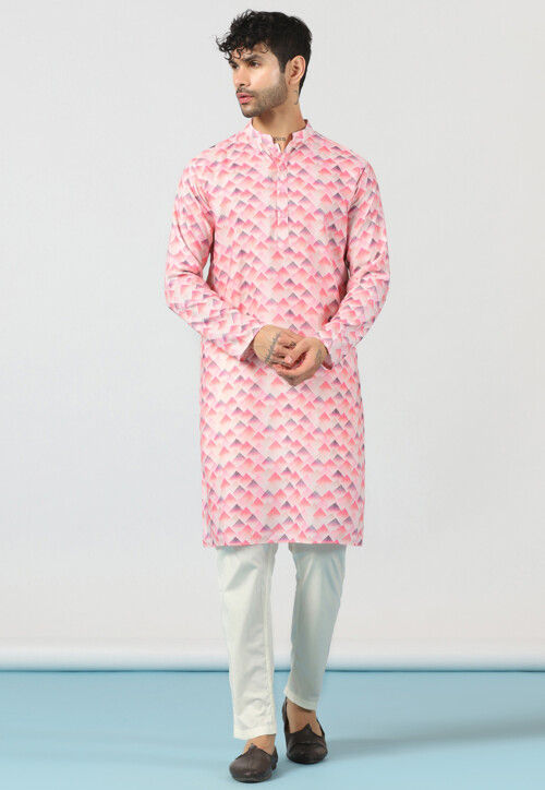 Digital Printed Cotton Kurta Set in Pink