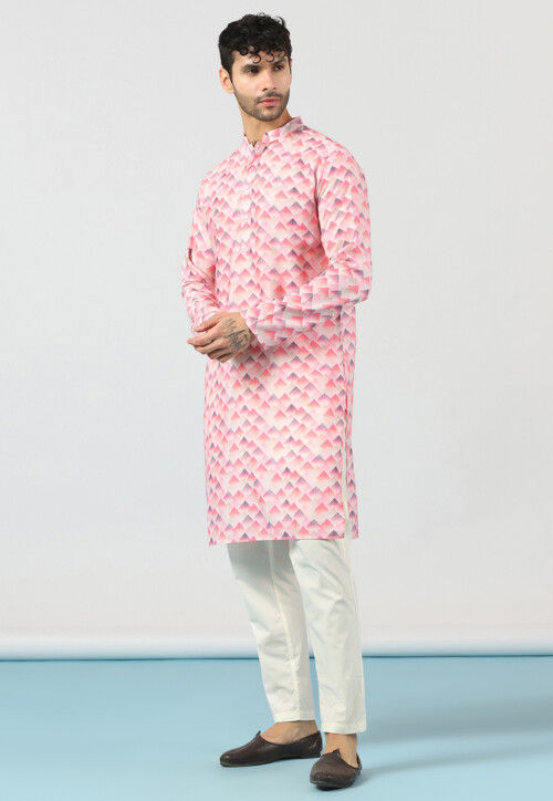 Digital Printed Cotton Kurta Set in Pink