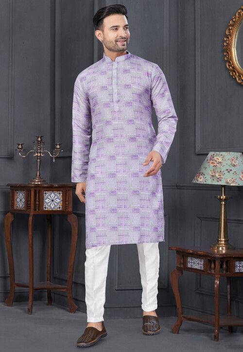 Digital Printed Cotton Kurta Set in Purple