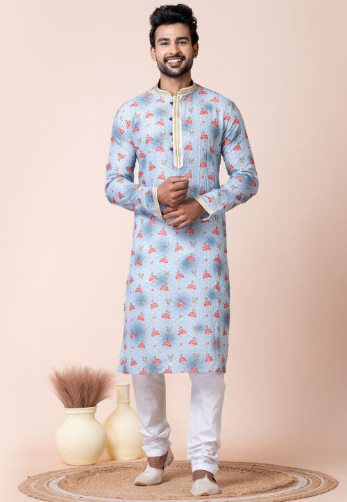 Digital Printed Cotton Kurta Set in Sky Blue