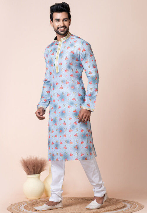 Digital Printed Cotton Kurta Set in Sky Blue